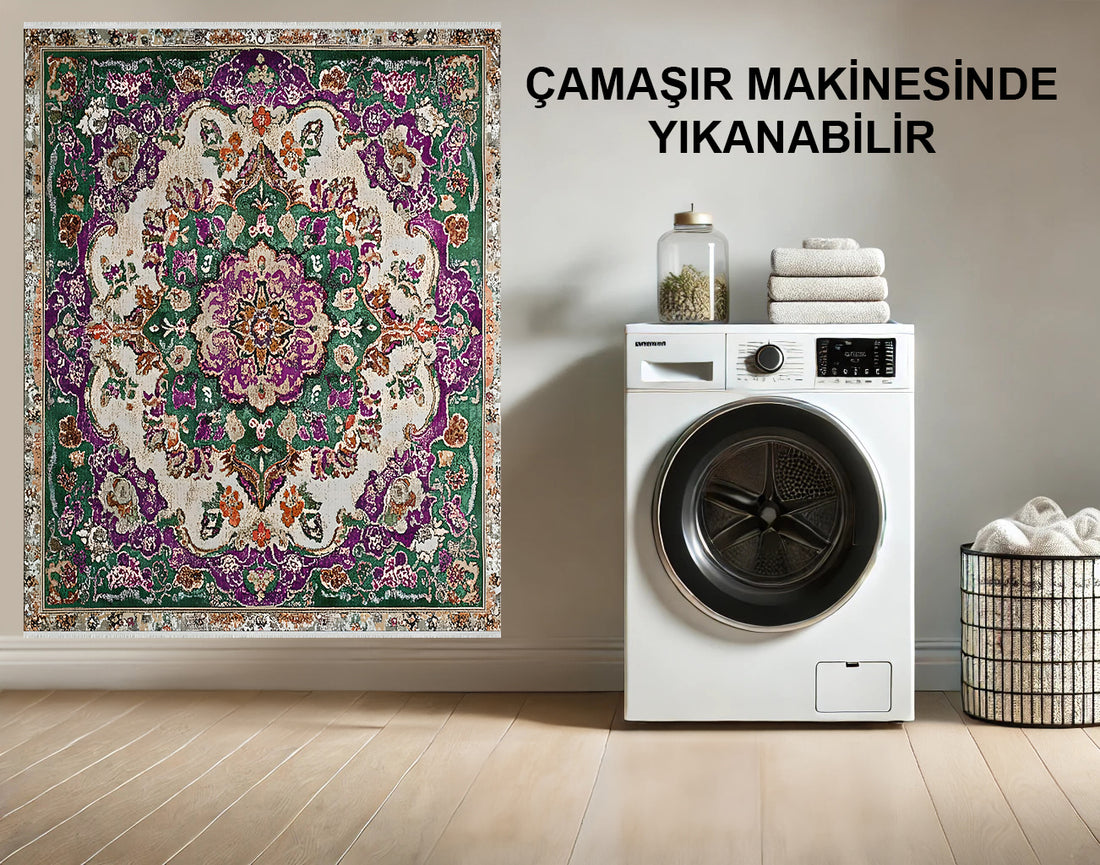 Yıkanabilir Vintage Yeşil ve Mor Madalyon Halı