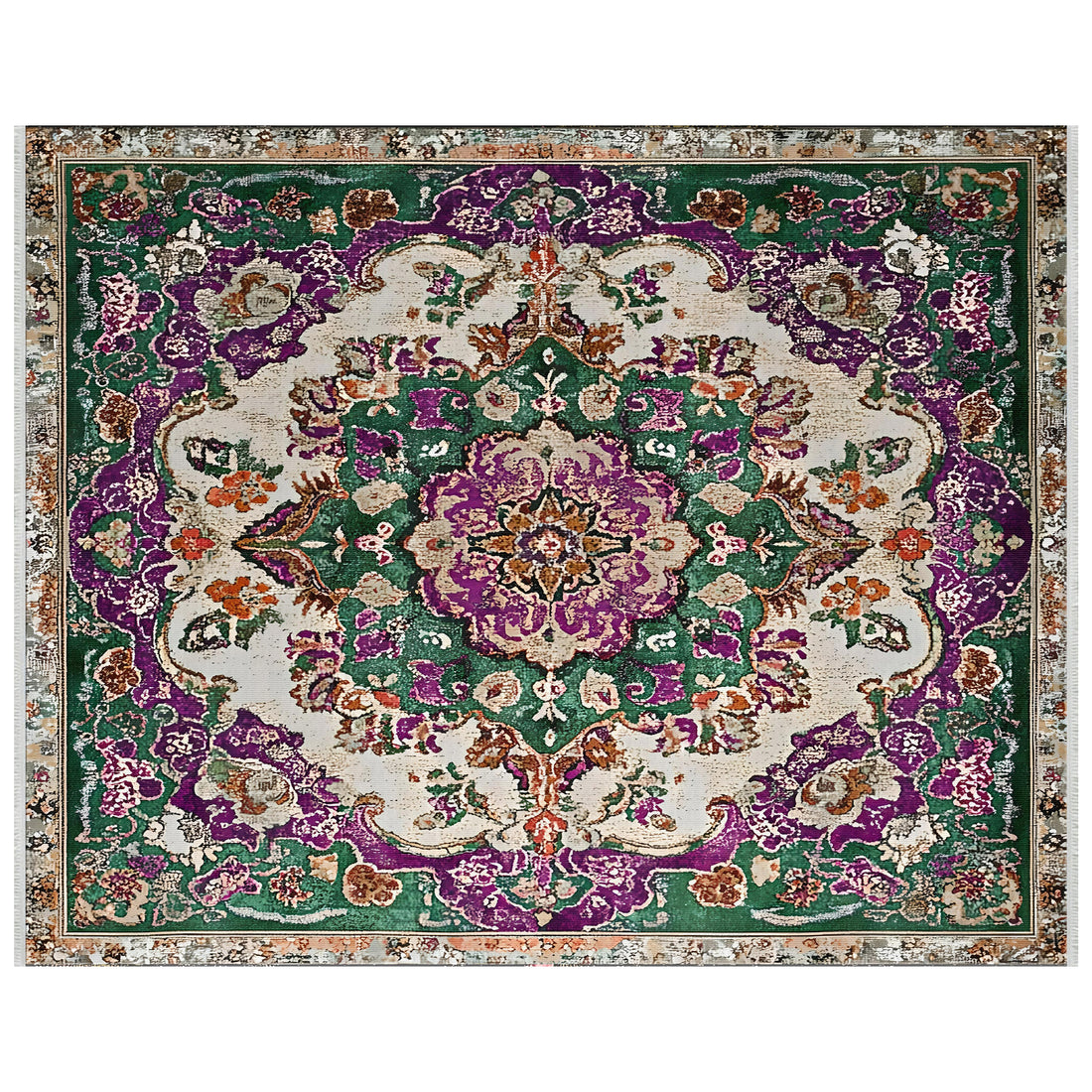 Yıkanabilir Vintage Yeşil ve Mor Madalyon Halı