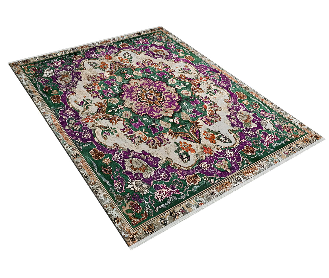 Yıkanabilir Vintage Yeşil ve Mor Madalyon Halı