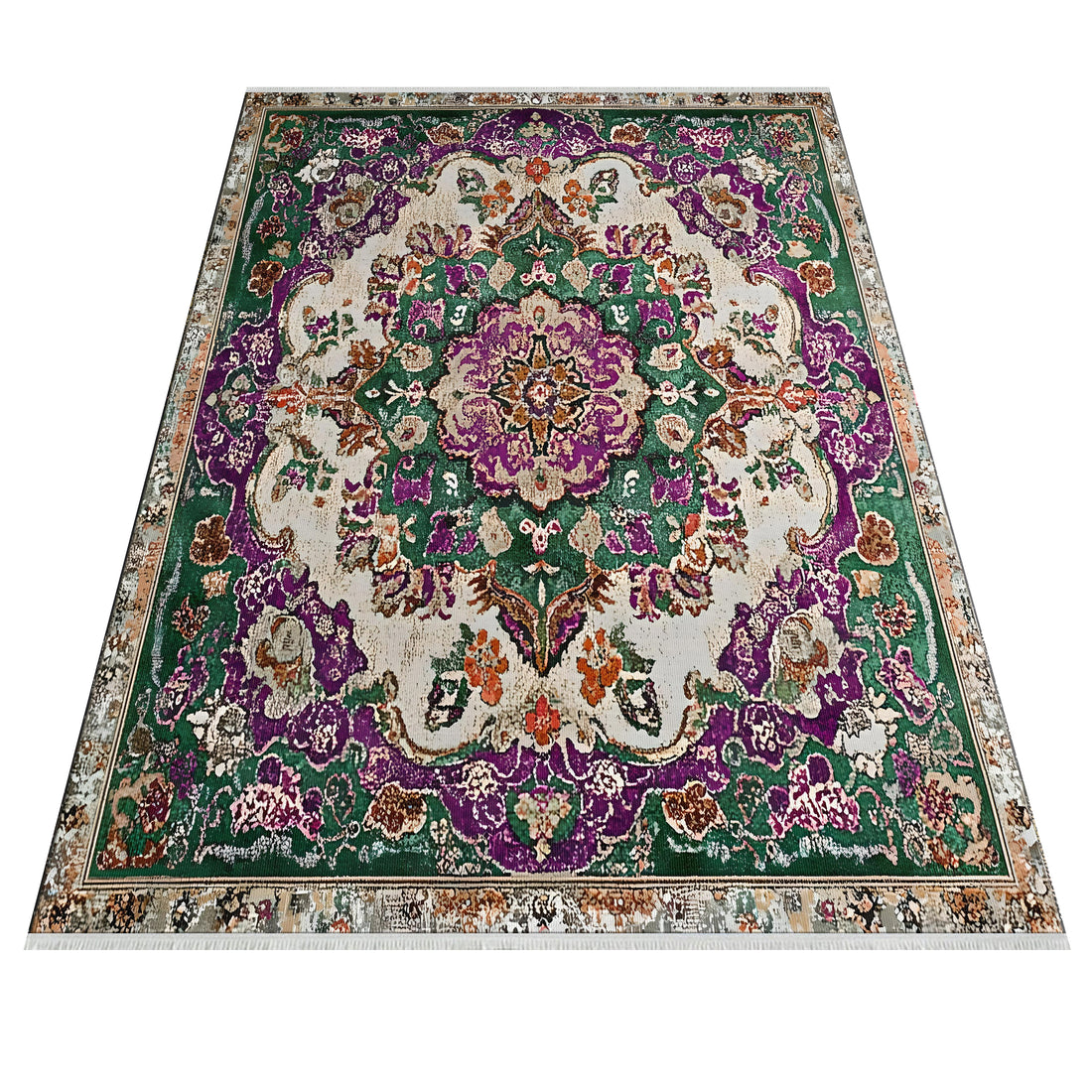 Yıkanabilir Vintage Yeşil ve Mor Madalyon Halı