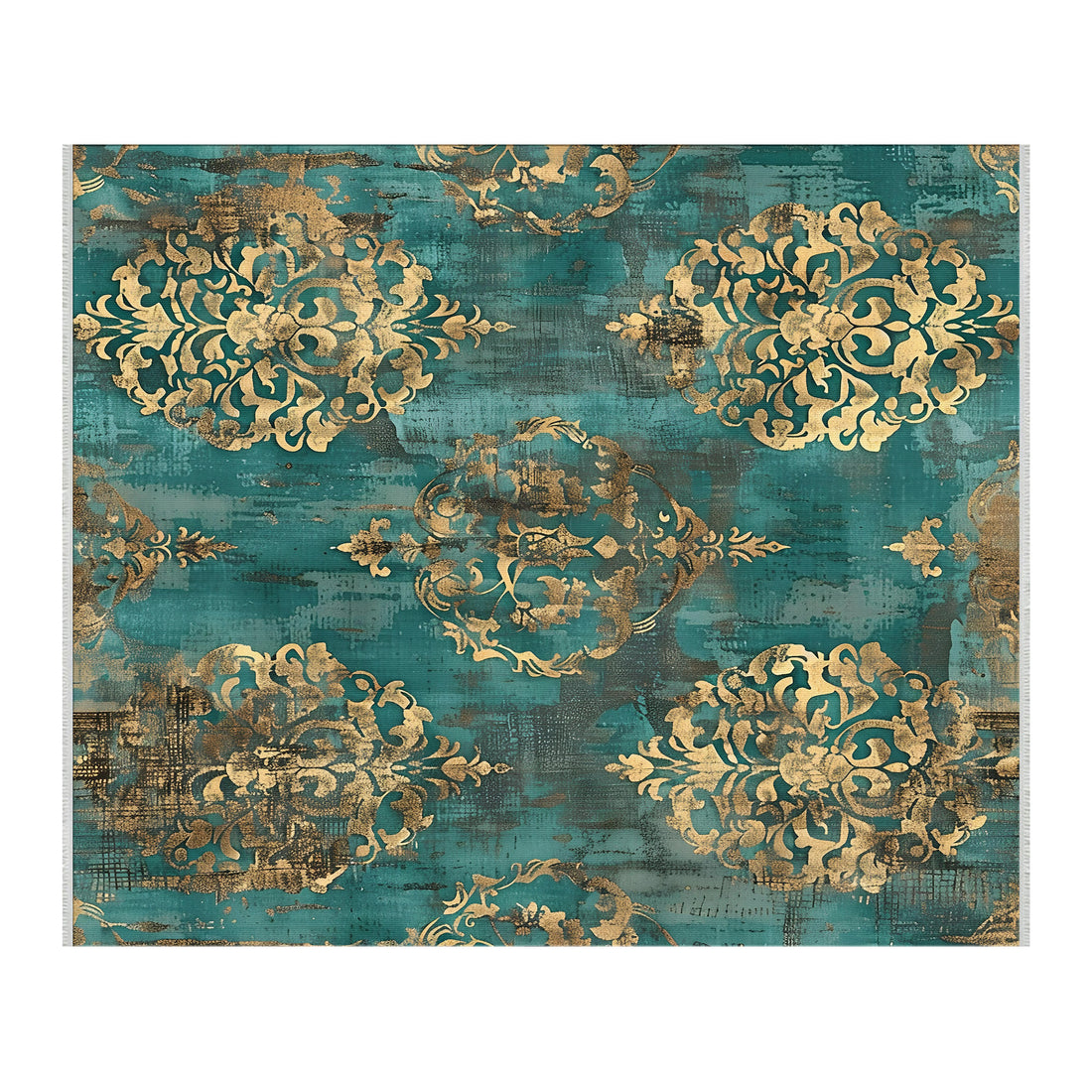 Vintage Damask Halı - Turkuaz ve Sarı - Kaymaz, Solmaya Dayanıklı