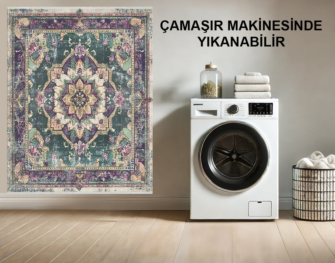 Makinede Yıkanabilir Turkuaz ve Mor Vintage Çiçek Desenli Halı