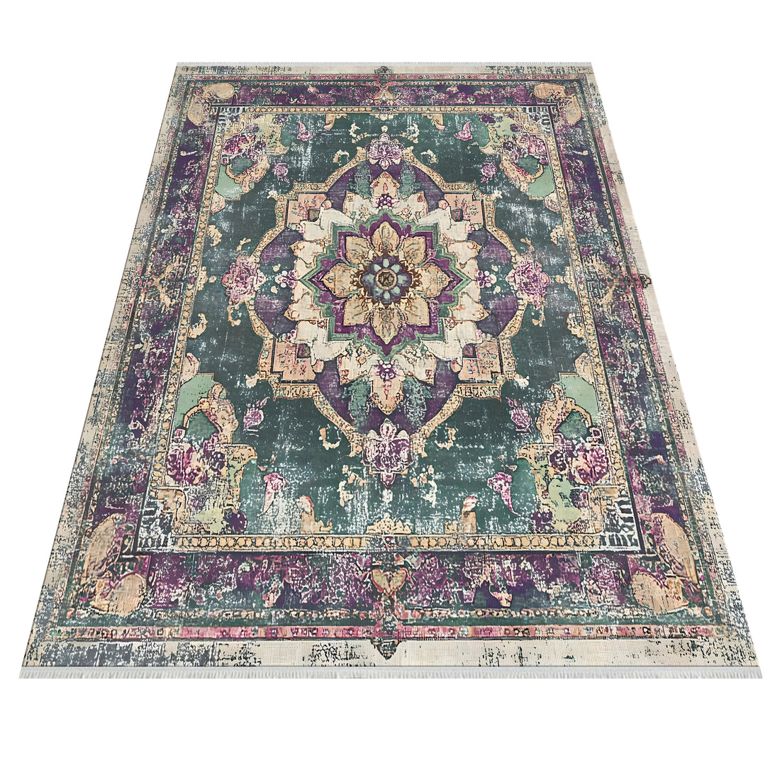 Makinede Yıkanabilir Turkuaz ve Mor Vintage Çiçek Desenli Halı