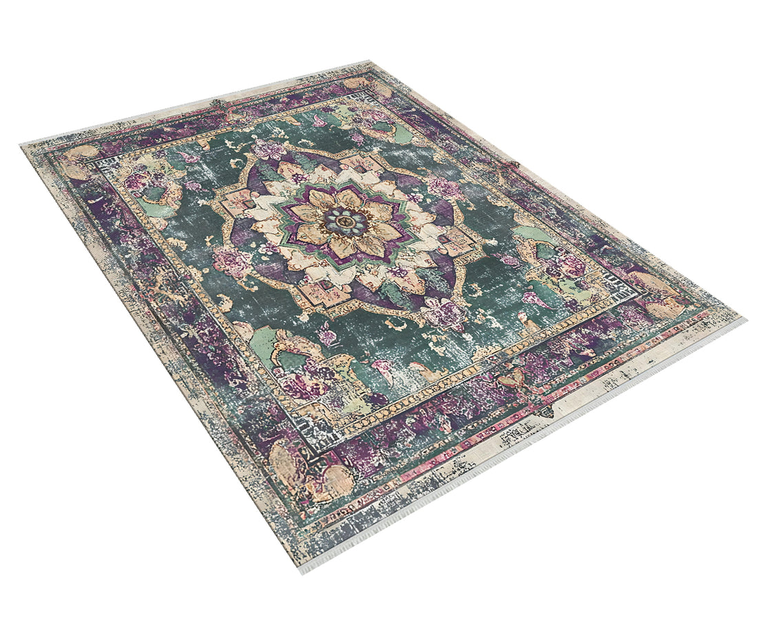 Makinede Yıkanabilir Turkuaz ve Mor Vintage Çiçek Desenli Halı