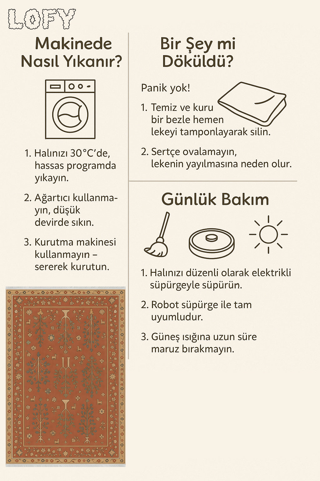 Kiremit Renkli Geleneksel Halı – Yıkanabilir & Kaymaz | İnce Yapı, Bebek ve Evcil Dostu Halı