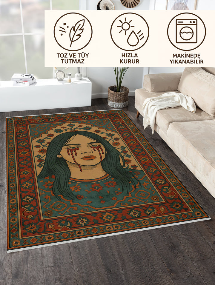 Modern Portre Desenli Halı – Yıkanabilir & Kaymaz | Sanatsal Tasarım, Evcil ve Bebek Dostu